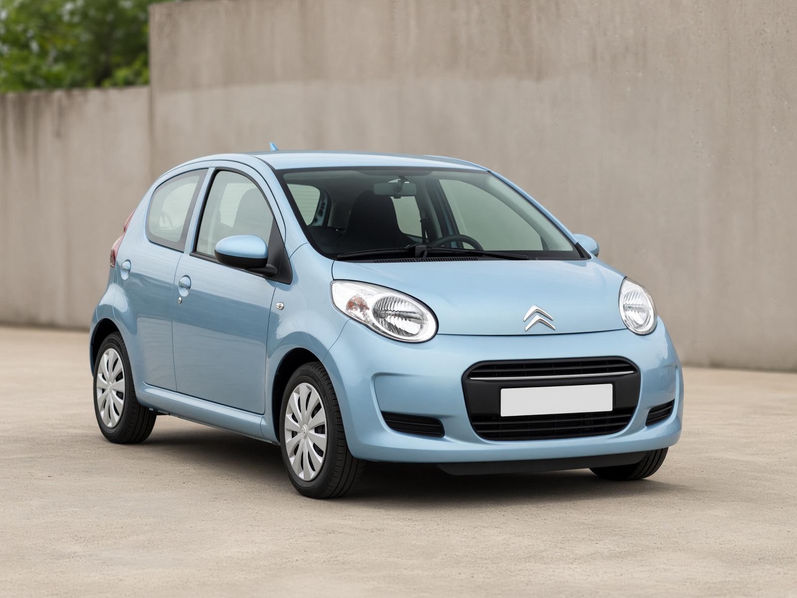 Ice blue Citroen C1 city car, three-quarter front view