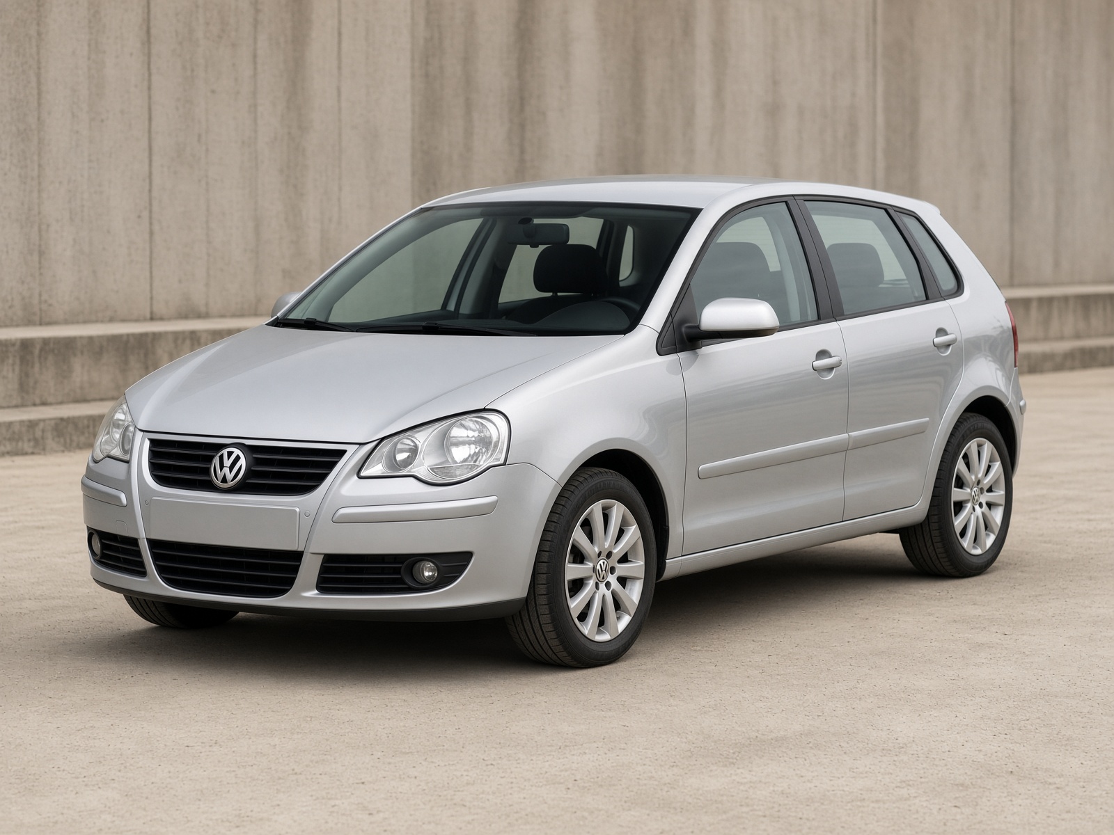Silver Volkswagen Polo hatchback, three-quarter front view